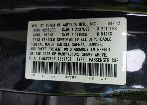 2012 Honda Accord 2.4 Se from USA, damaged, VIN 1HGCP2F60CA237703